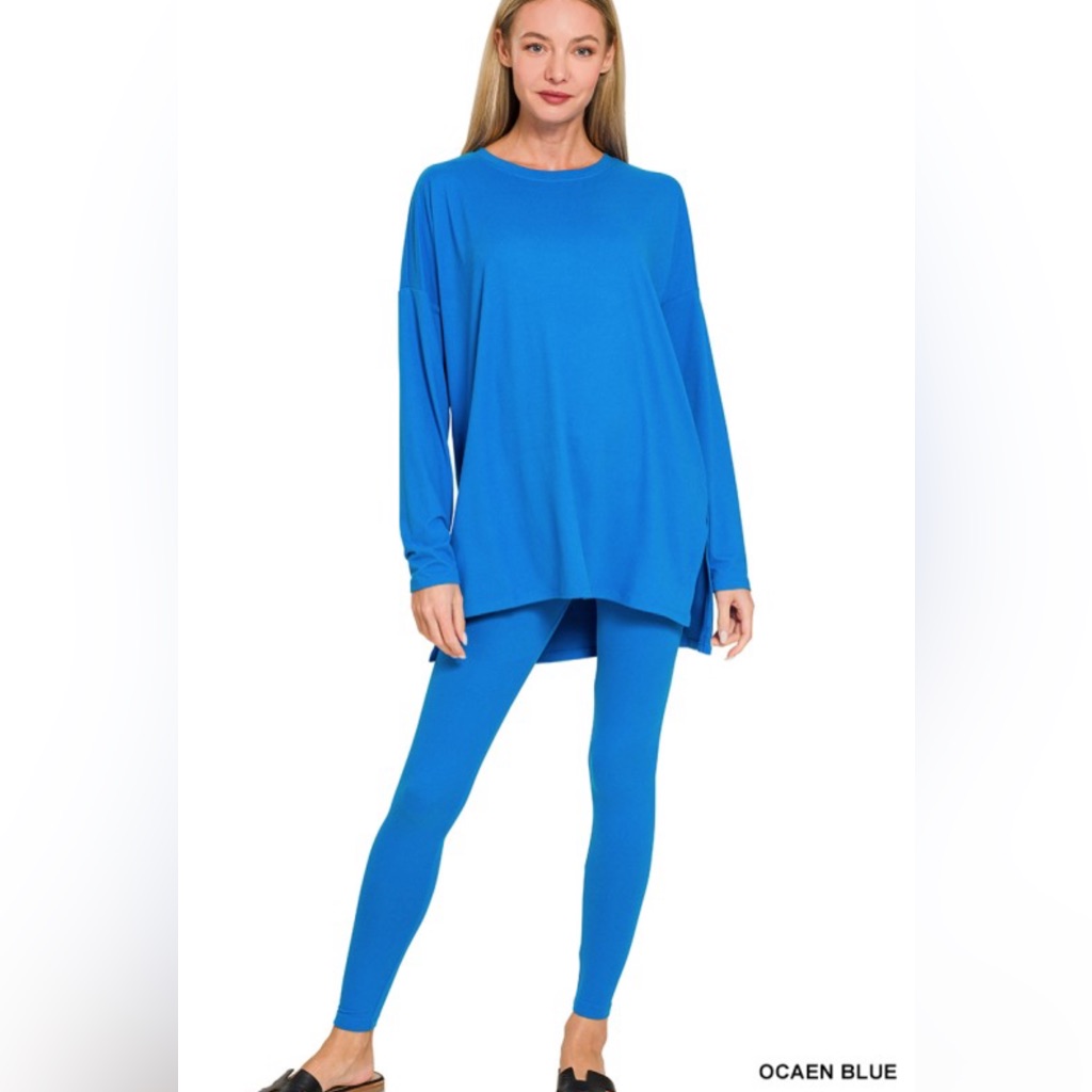 Zenana Ocean Blue Long Sleeve Top And Leggings Set